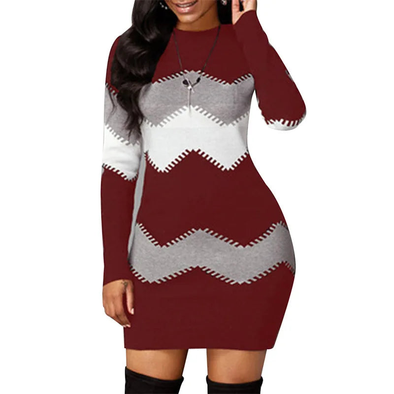 Knit Mini Dress | Women's Patchwork, Turtleneck | Long Sleeve, Knitted