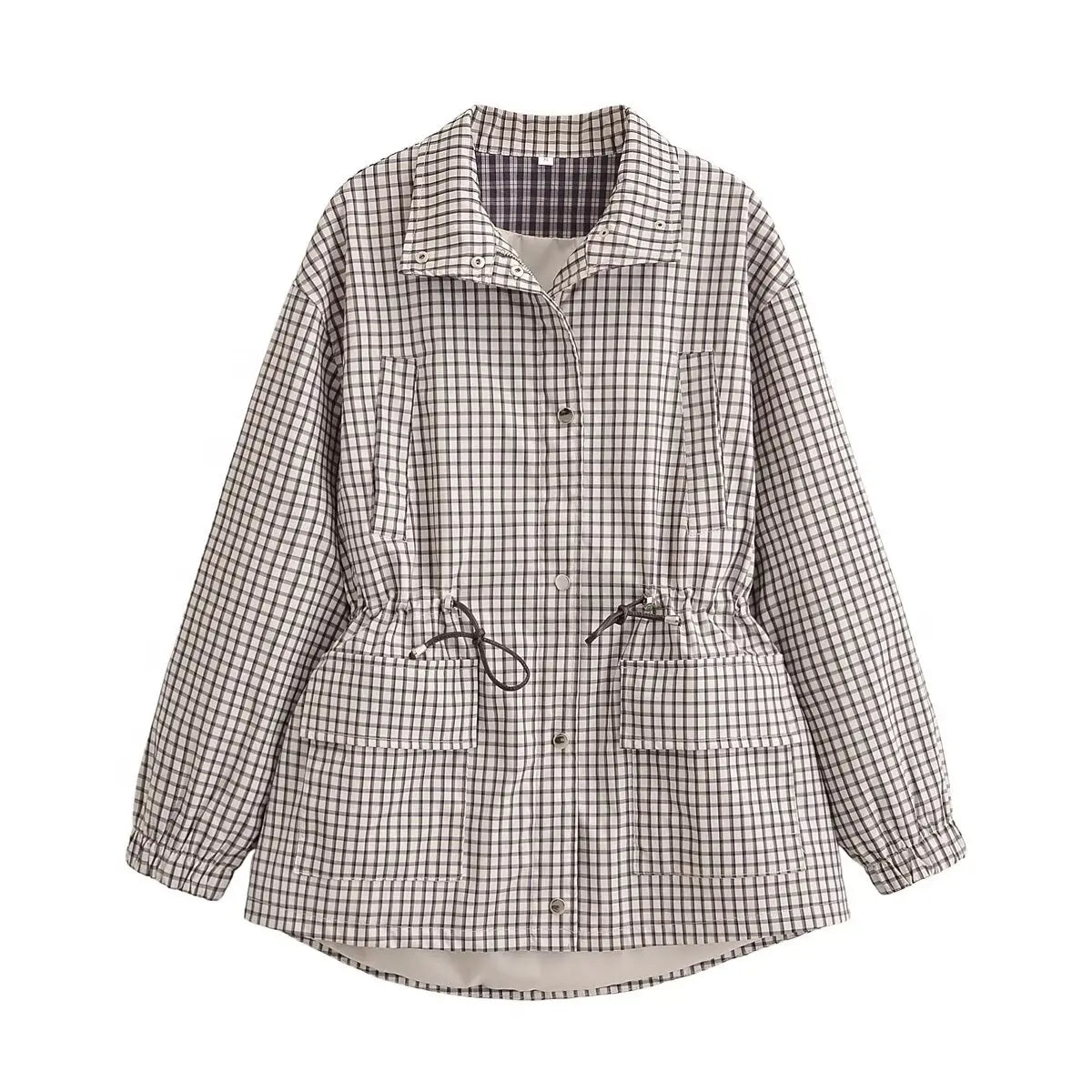 Women plaid jacket with drawstring waist and collar, button front closure