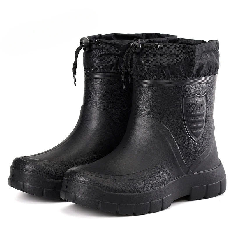 Men waterproof rain boots slip on low heel rubber outsole