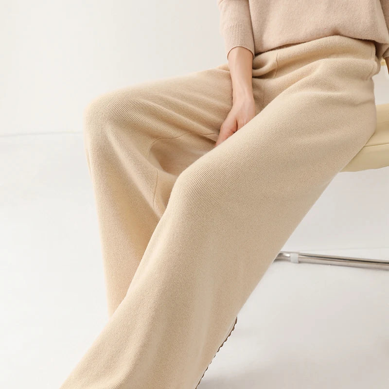 Knit Trousers | Women's High Waist, Wide Leg | Comfortable Fit