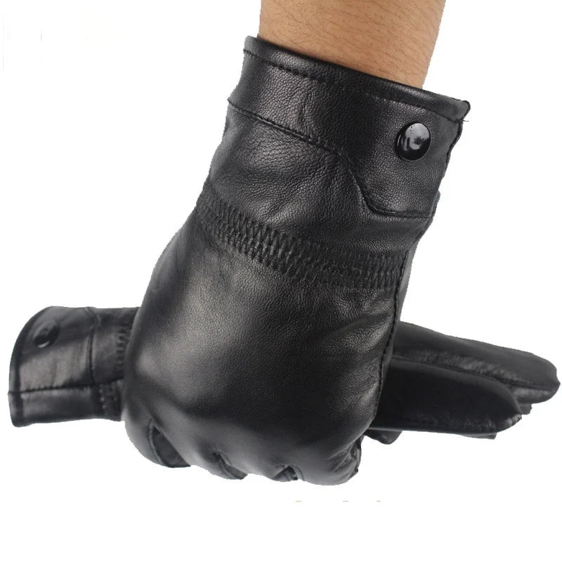Men sheepskin leather winter gloves fleece lined driving style