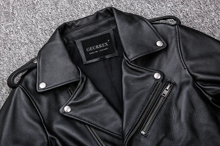 Mens leather jacket genuine cowhide motorcycle biker style with zipper front