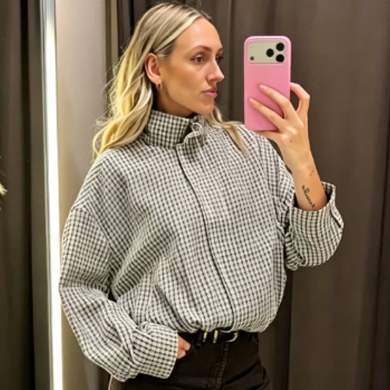Women's Bomber Jacket | Oversize, Long Sleeve | Checkered, Spring Fall