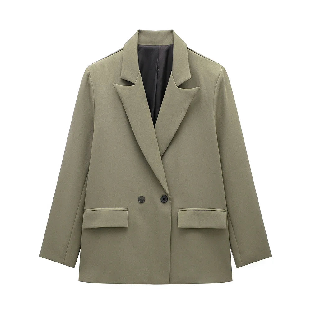 Women double breasted blazer long sleeve notch lapel with pockets