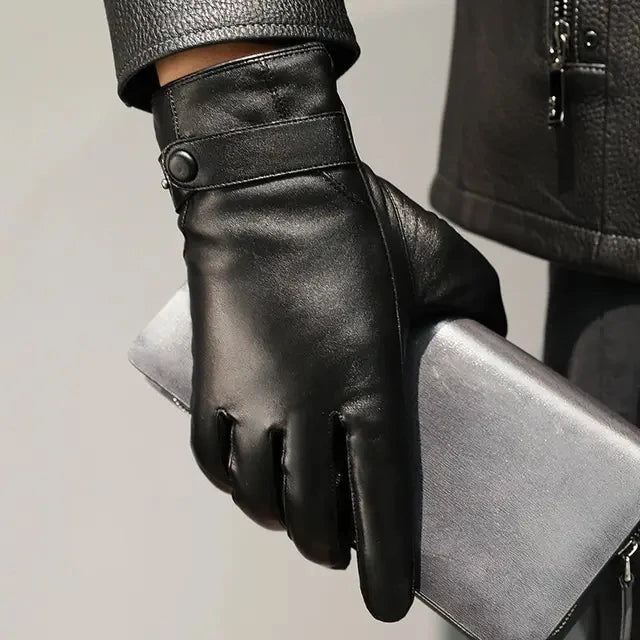 Men sheepskin leather winter gloves fleece lined driving style