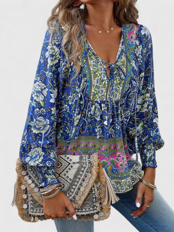 Women's Linen Blouse | Floral Boho, V-Neck Puff Sleeve