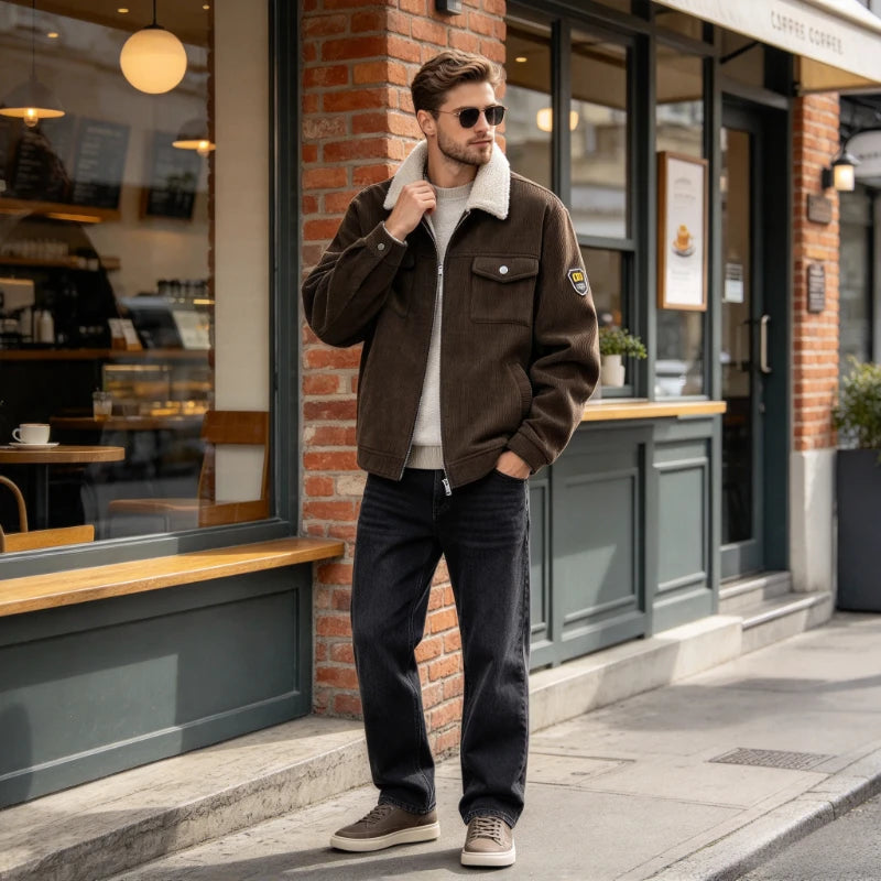 Sherpa lined corduroy jacket men with lapel collar and thick warmth