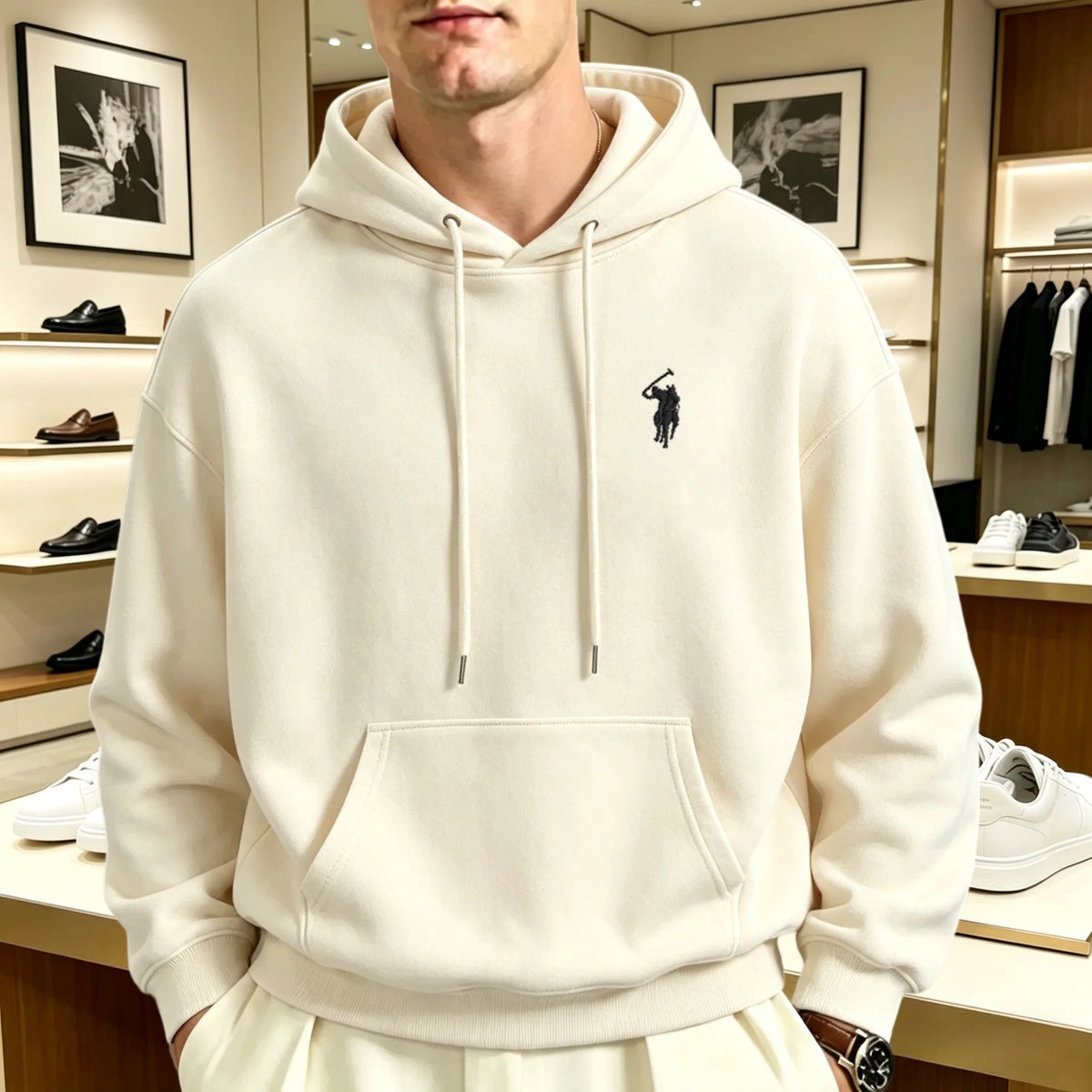 Unisex heavyweight embroidered hoodie loose fit pullover with animal motif
