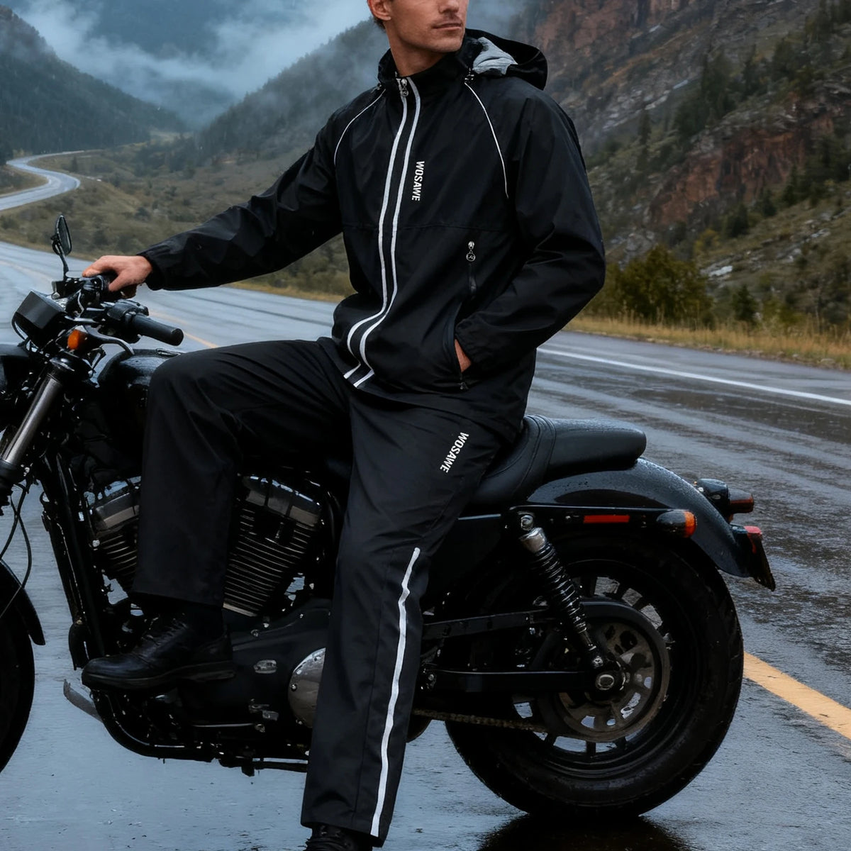 Unisex waterproof rain jacket and pants set with 360 degree reflective stripes