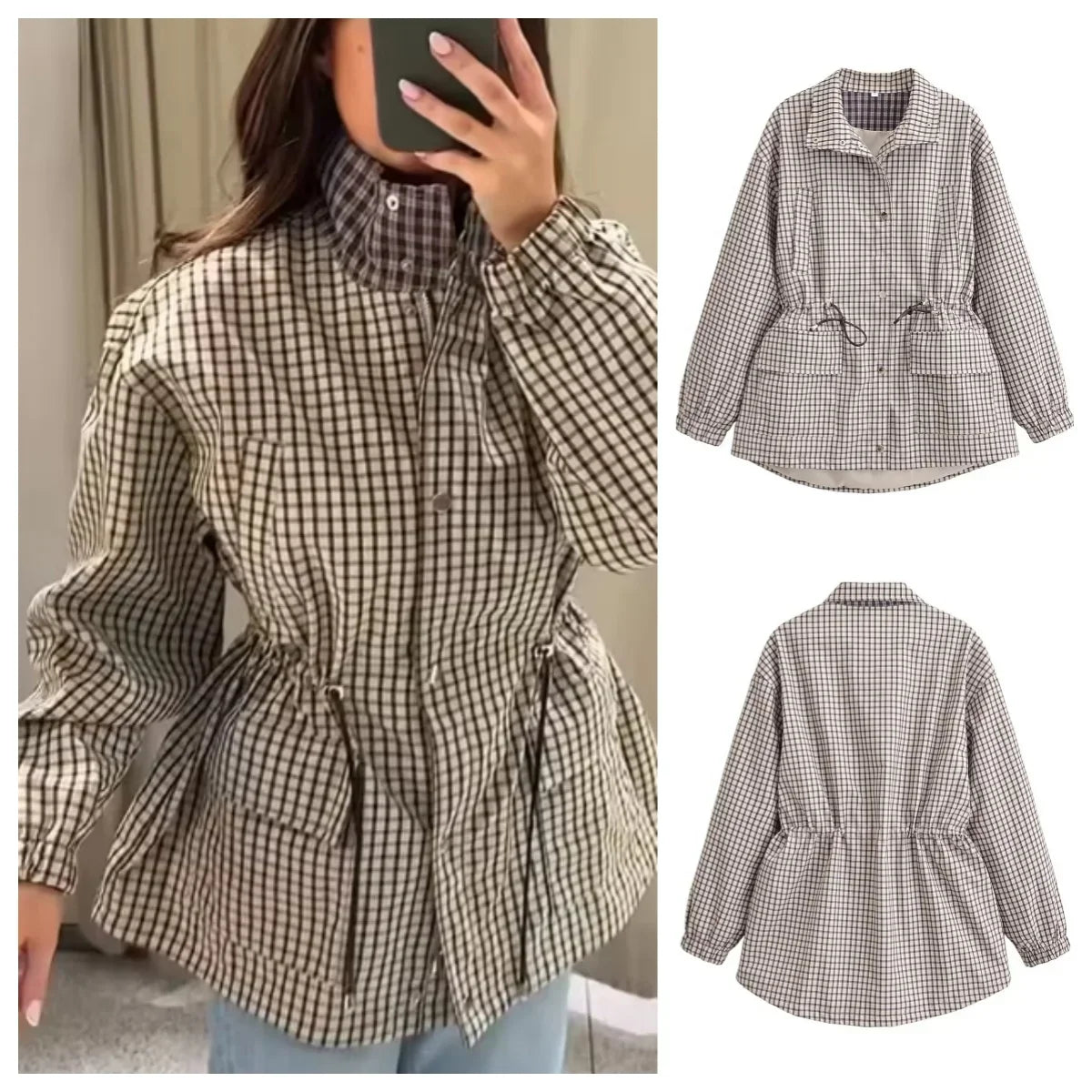 Women plaid jacket with drawstring waist and collar, button front closure