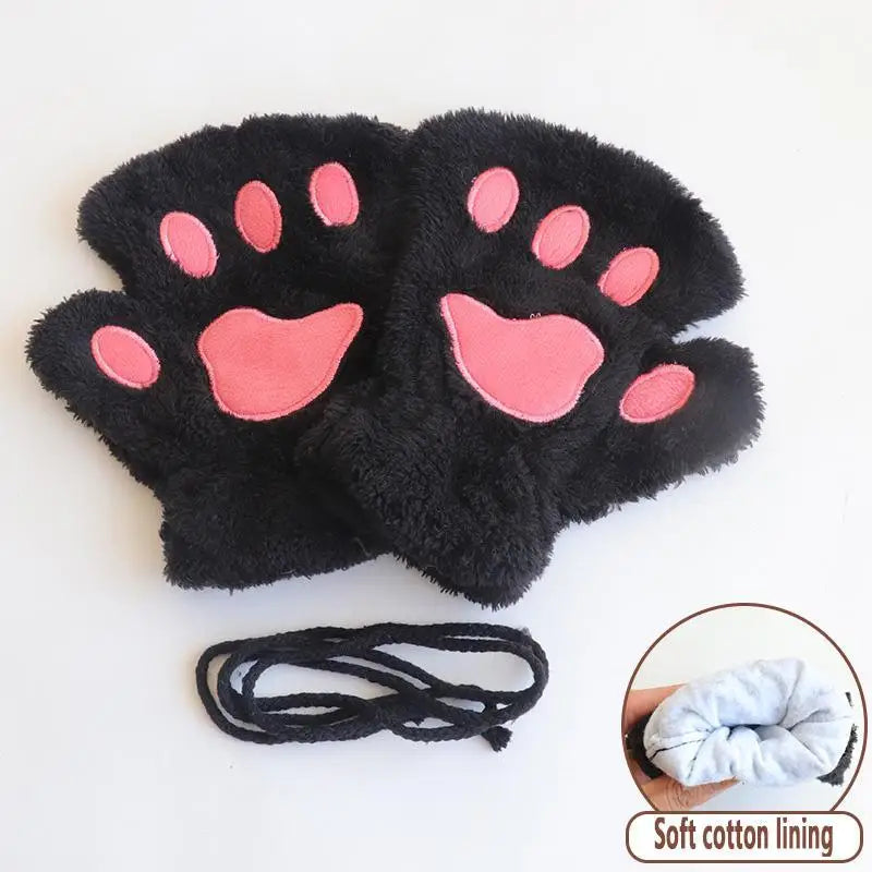 Women girls plush fingerless winter gloves cat paw design with anti-loss cord