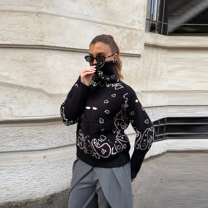 Women knit print cardigan with zip closure and turtleneck long sleeve