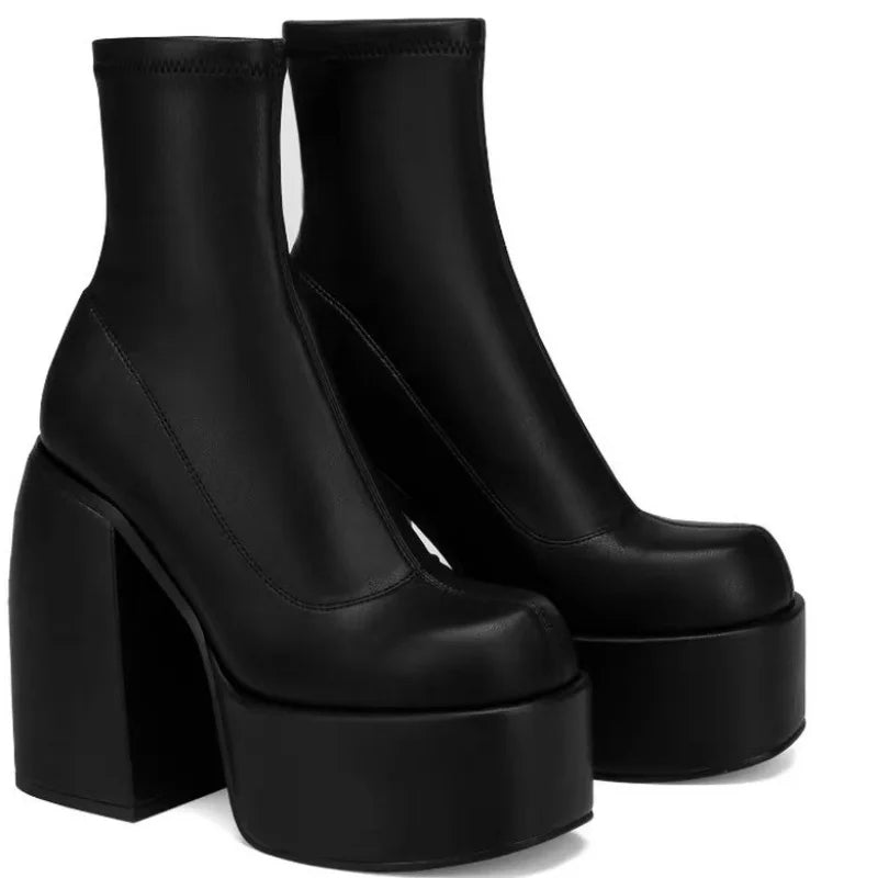 Women's Ankle Boots | Black Leather, Square Toe, High Heel