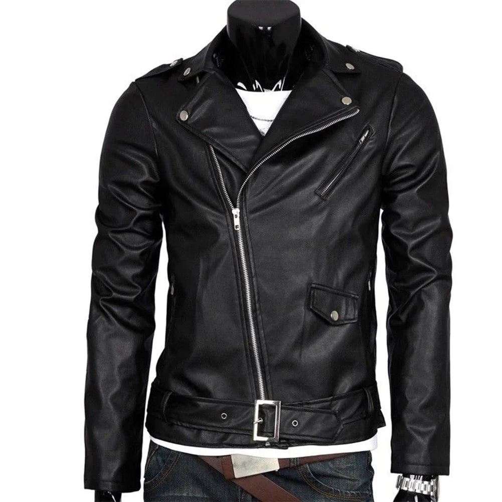 Men motorcycle jacket slim fit with lapel collar and front zip, casual biker style