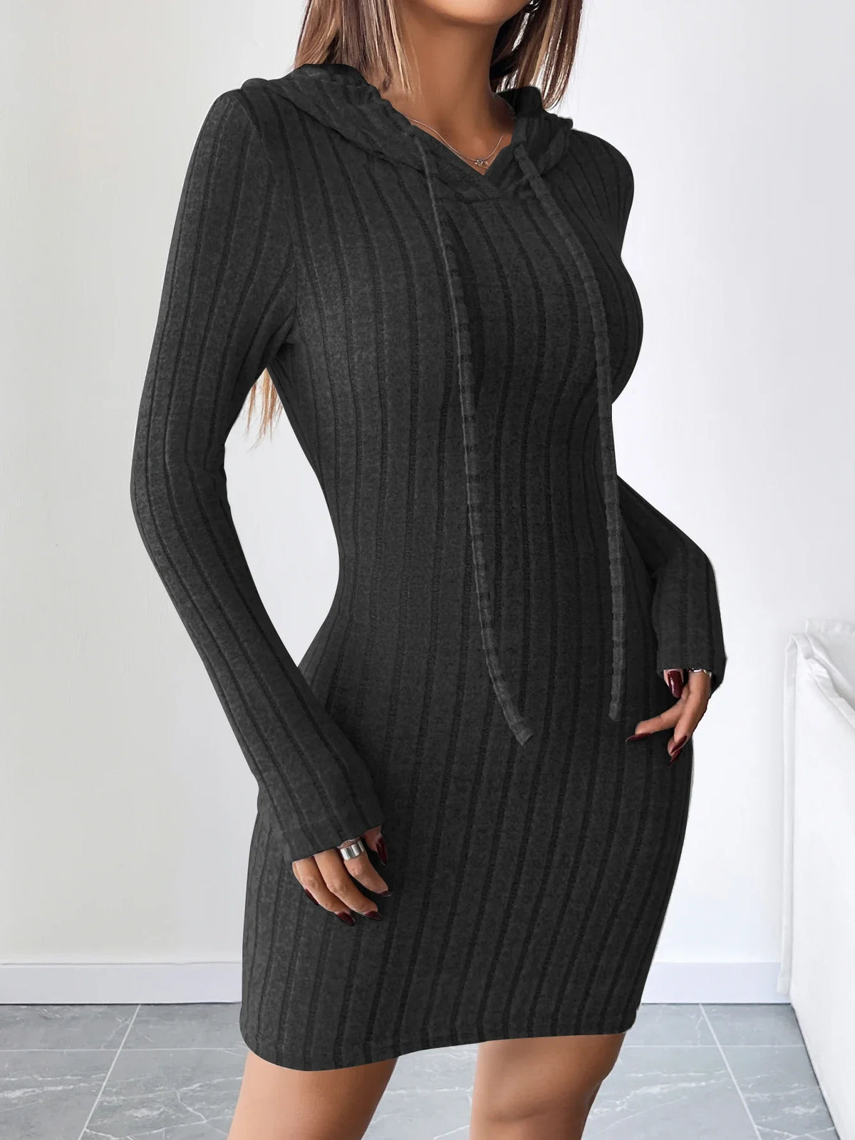 Knit Dress | Women's Ribbed, Hooded Style | Slim Fit, Knee Length