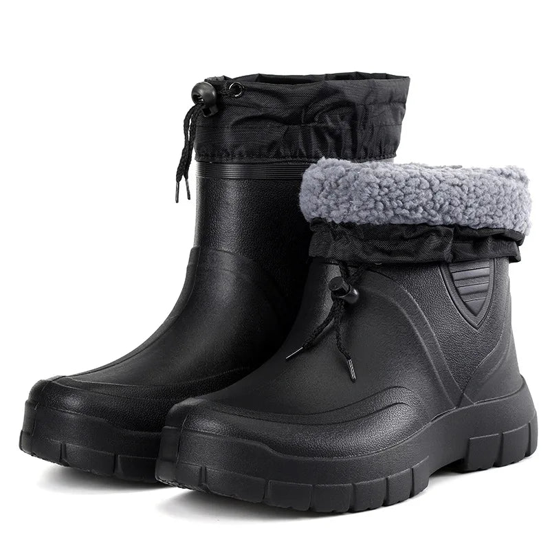 Men waterproof rain boots slip on low heel rubber outsole