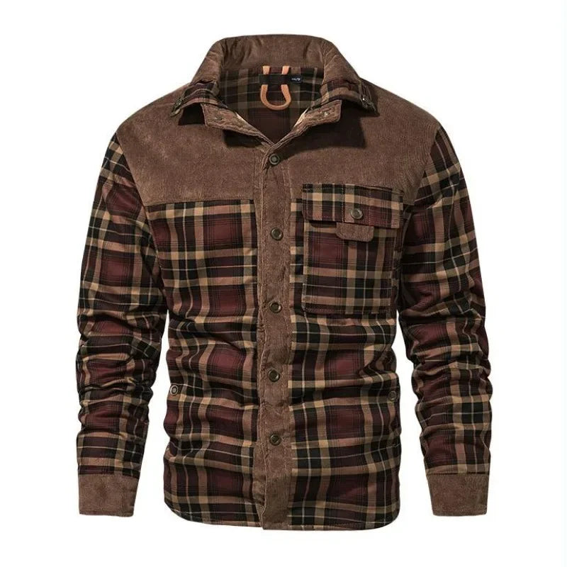 Men plaid casual shirt jacket long sleeve cotton blend, autumn style