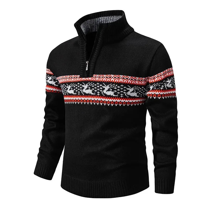 Mens quarter zip jumper with jacquard knit and mock neck, casual winter style