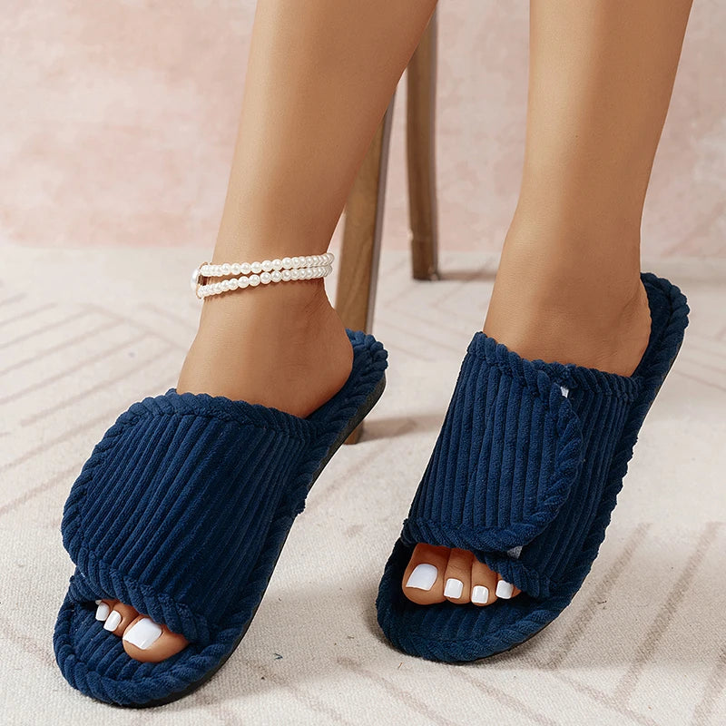 Women's Slippers | Flat Heel, Open Toe, Corduroy | Comfortable Indoor