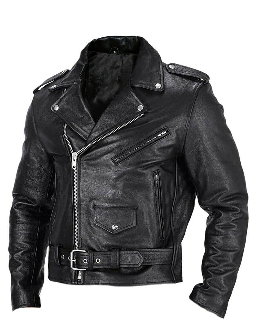 Mens biker jacket with stand collar and slim fit, windproof