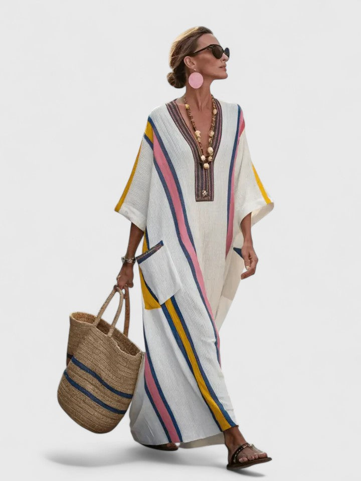 Women's Maxi Dress | Cotton Kaftan with Stripe Detail | V-Neck