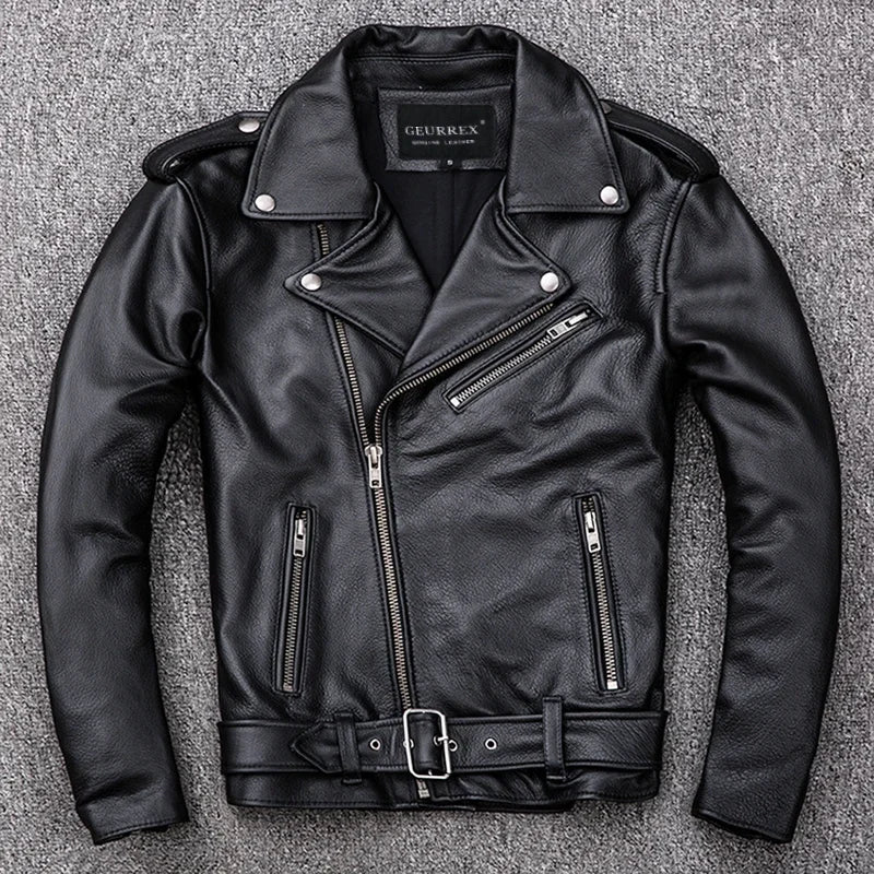 Mens leather jacket genuine cowhide motorcycle biker style with zipper front