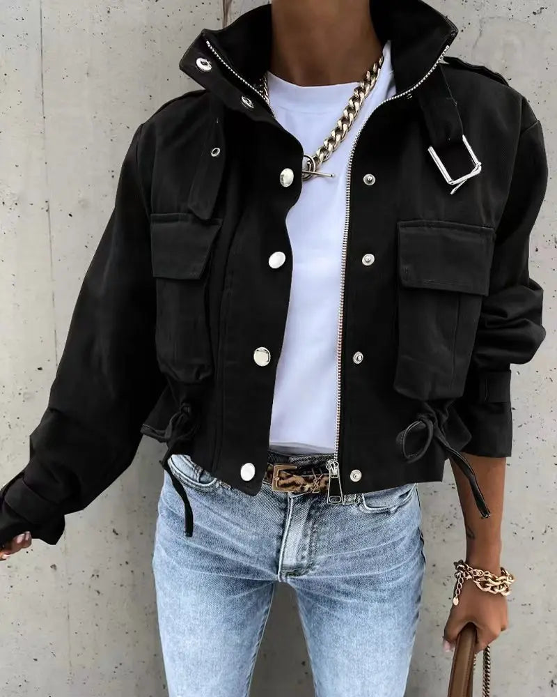 Women's Cargo Jacket | Short, Zipper & Large Pockets