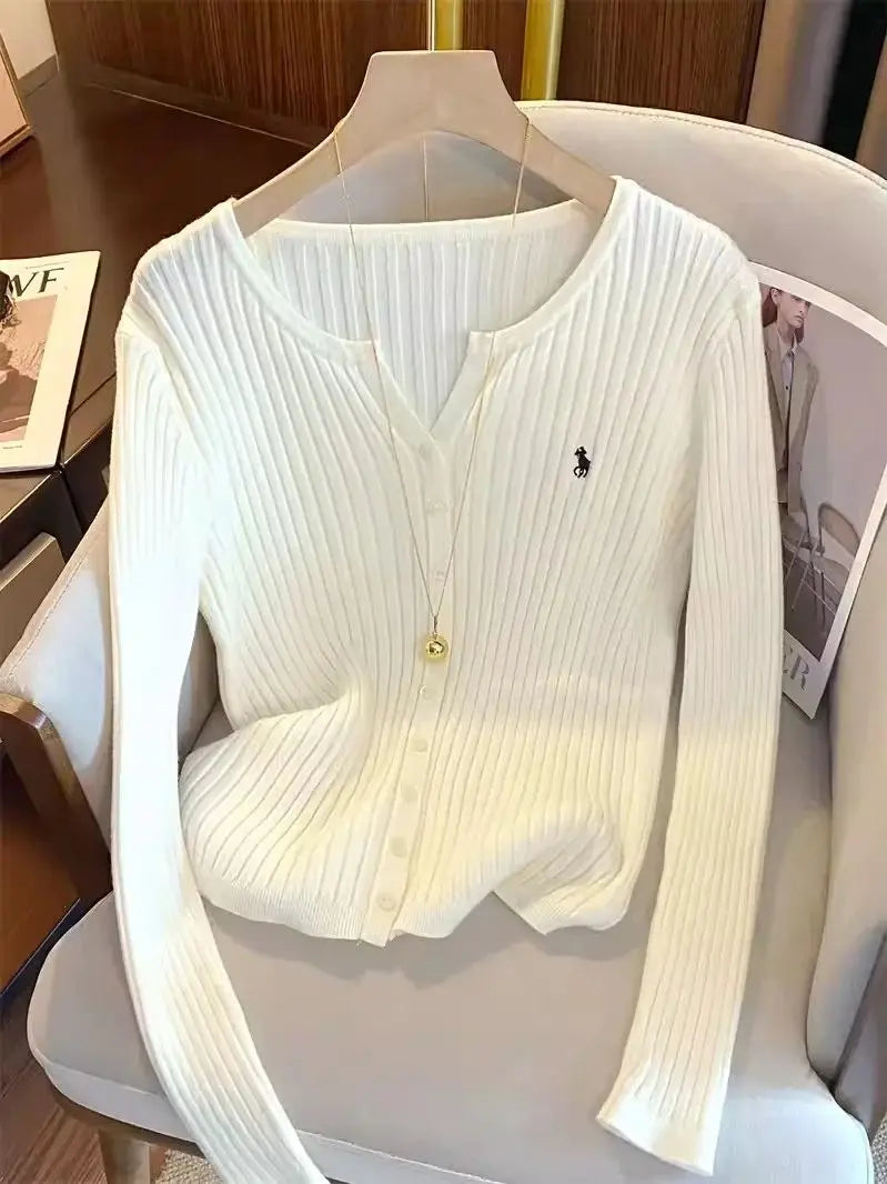 Women knit cardigan long sleeve Y2K embroidered sweater in black khaki white
