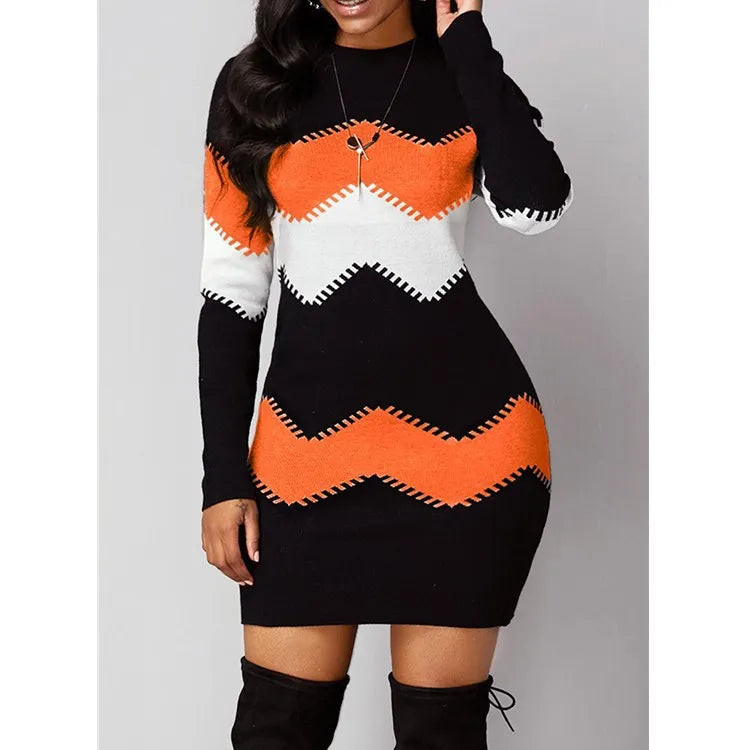 Knit Mini Dress | Women's Patchwork, Turtleneck | Long Sleeve, Knitted