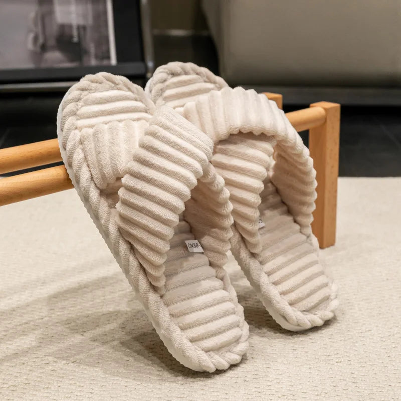 Women's Corduroy Slippers | Cross Band, Warm Plush | Open Toe Slides