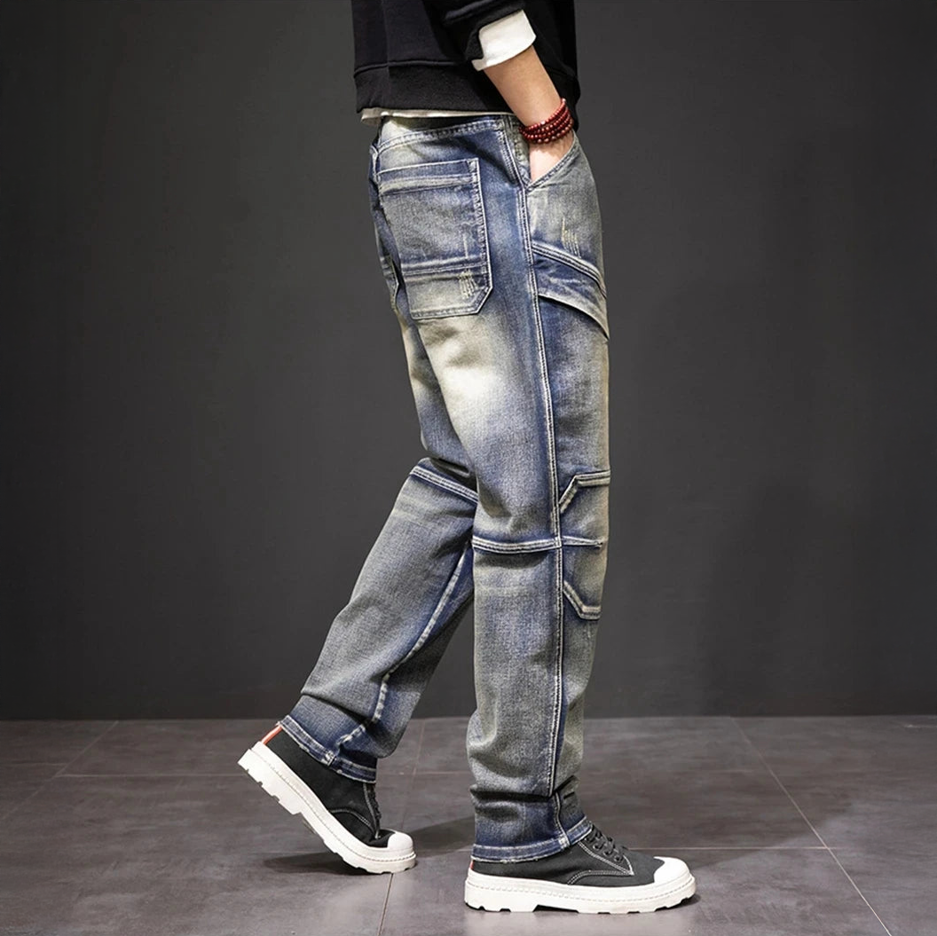 Men denim straight leg cargo jeans with distressed vintage wash and contrast stitching