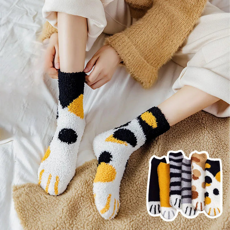 Teddy slipper socks women fuzzy cat paw design thick winter warm