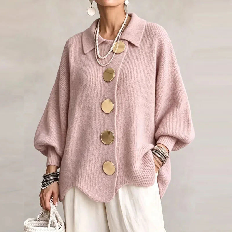 Women ribbed knit cardigan oversized gold buttons balloon sleeves scalloped hem