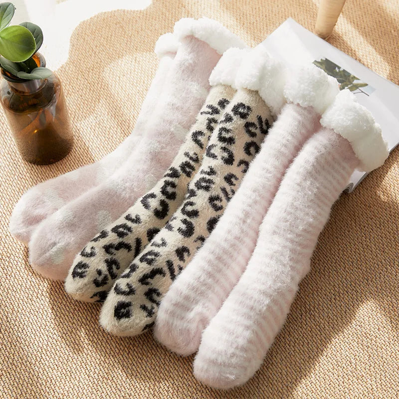 Teddy slipper socks women leopard print fluffy thermal winter