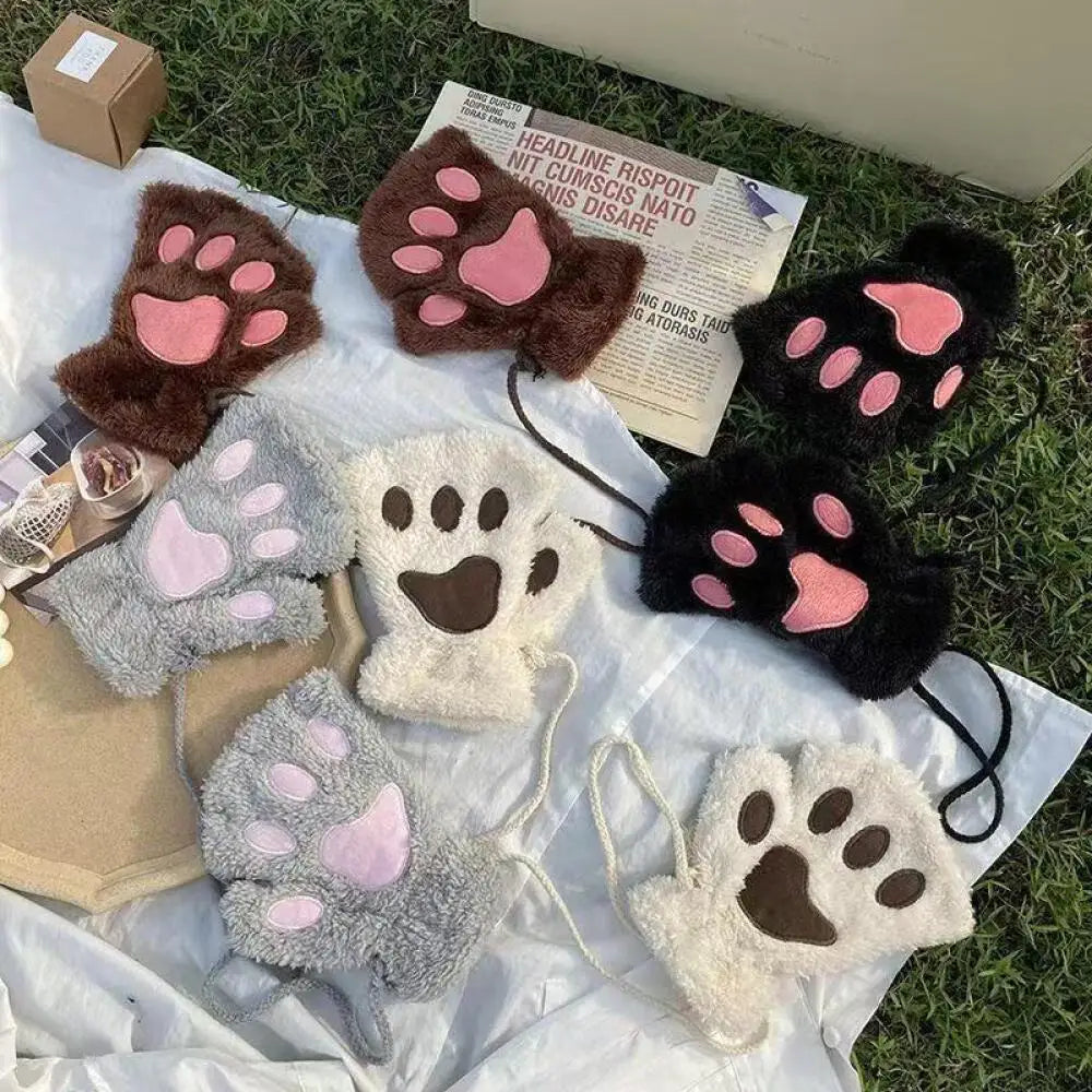 Women girls plush fingerless winter gloves cat paw design with anti-loss cord