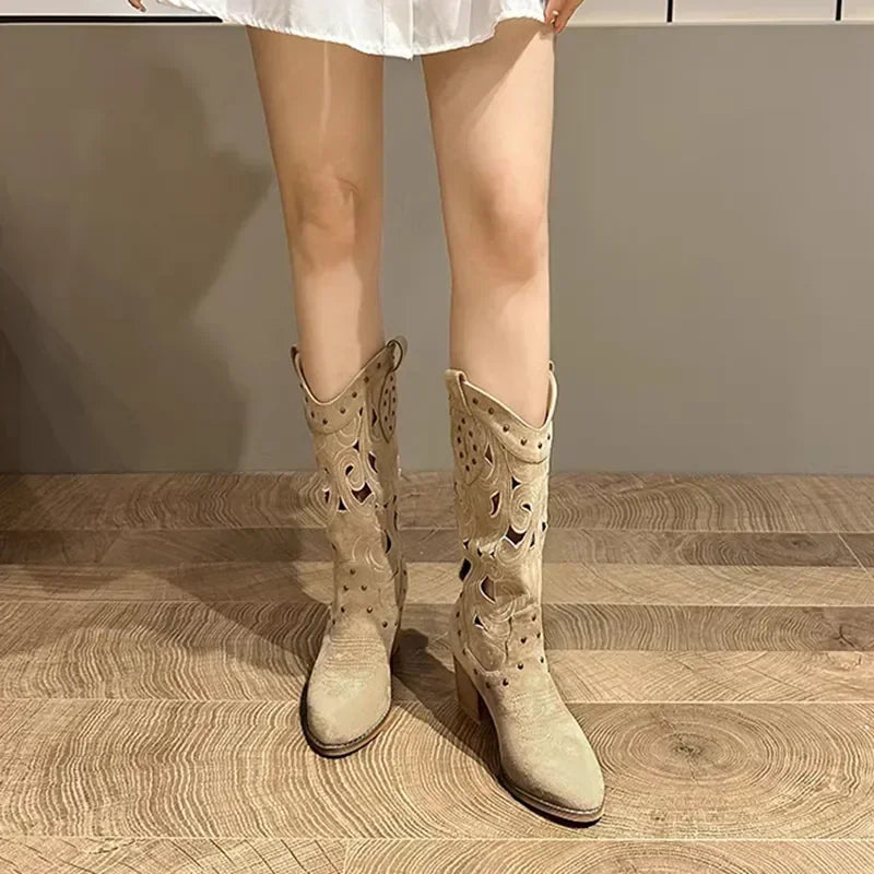 Womens knee high cowboy boots with chunky heel and embroidered detail