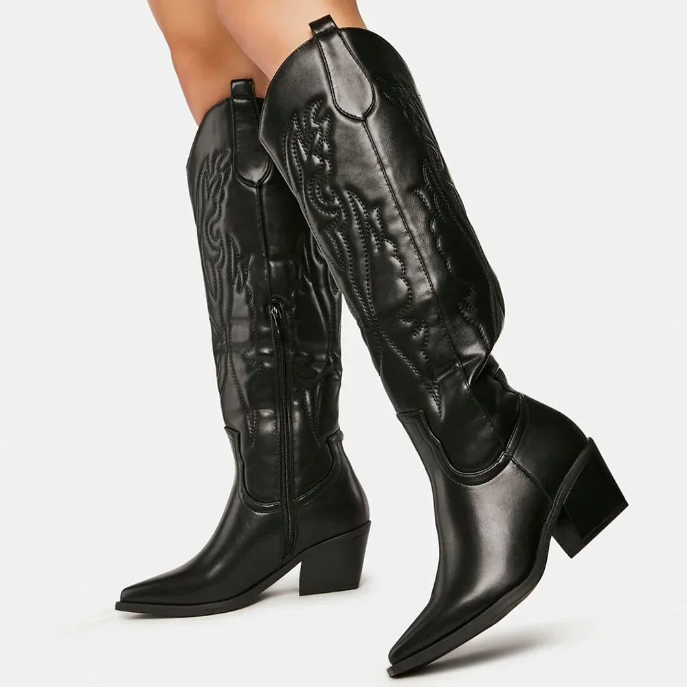Womens knee high cowboy boots western with pointed toe and embroidered detail
