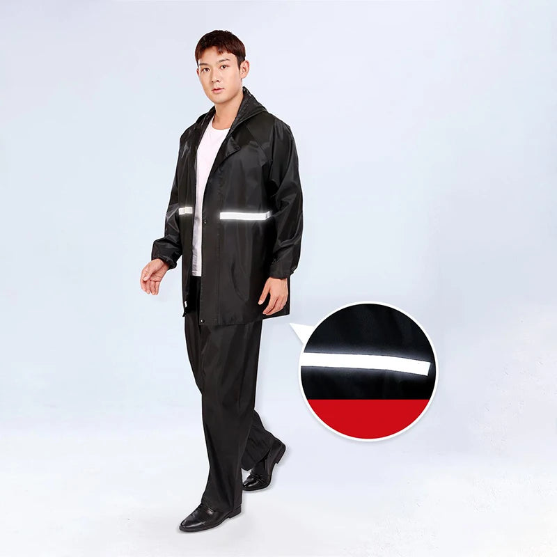 Unisex waterproof rain suit hooded jacket and pants with reflective strips
