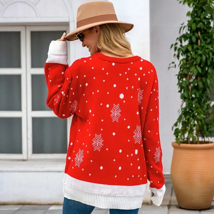 Christmas Jumper | Womens Loose Fit Knit Sweater, Casual Round Neck Pullover
