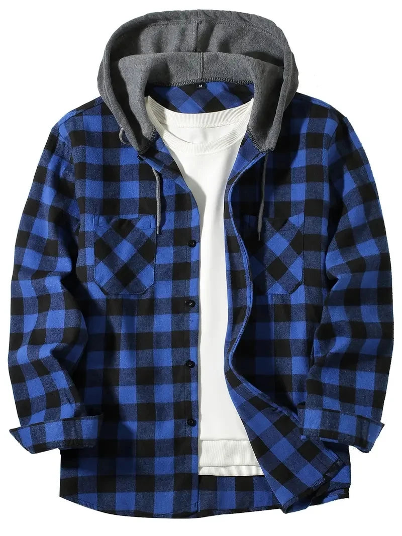 Mens plaid hooded jacket slim fit long sleeve, casual style