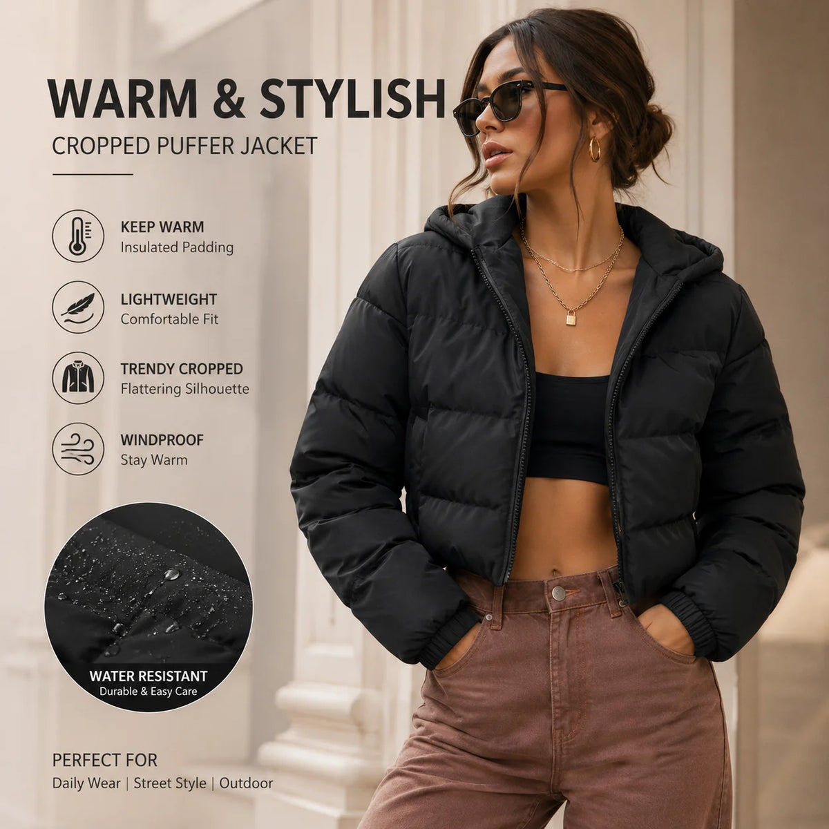Women quilted cropped puffer jacket hooded loose fit stand collar full zip