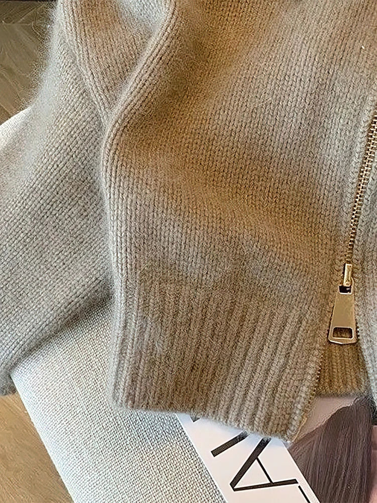 Women knit patchwork zip cropped cardigan vintage Y2K style