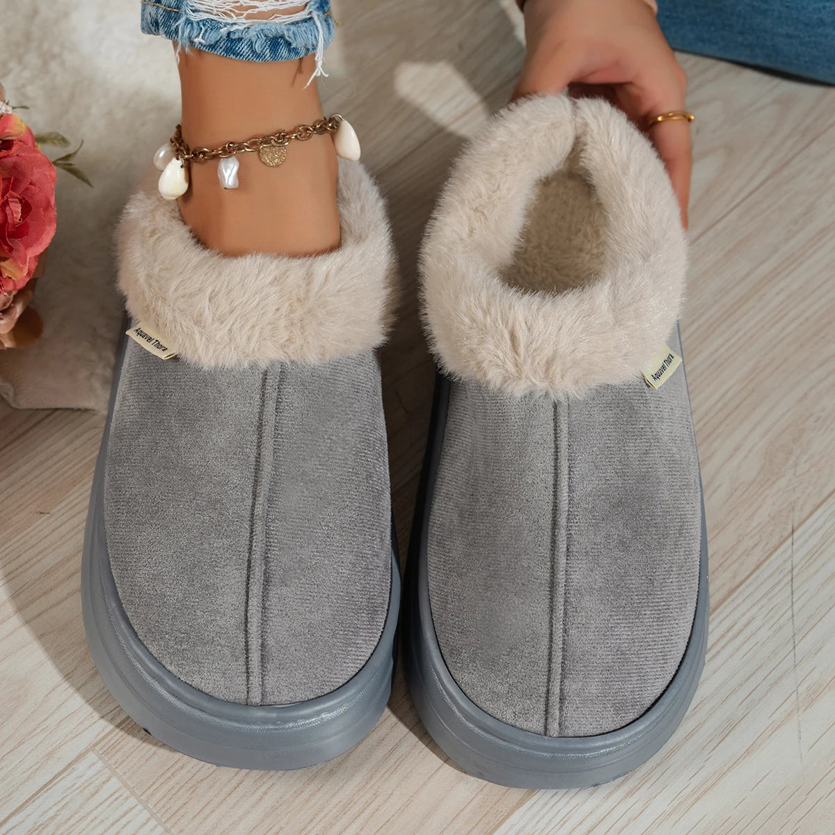 Women slipper boots fuzzy warm indoor anti-slip flat pull-on