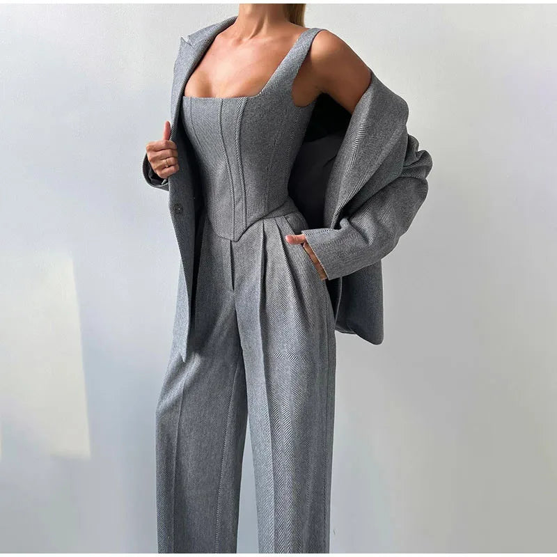 Women's Pants Suit | Corset Top, Blazer and Straight Pants