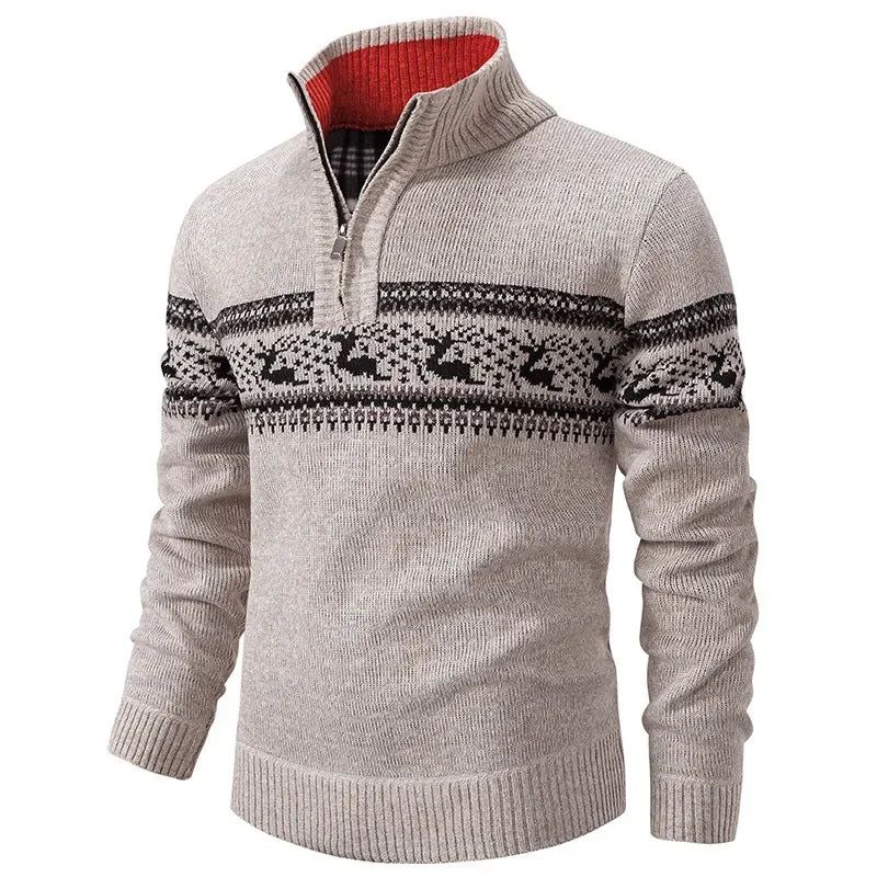 Mens quarter zip jumper with jacquard knit and mock neck, casual winter style