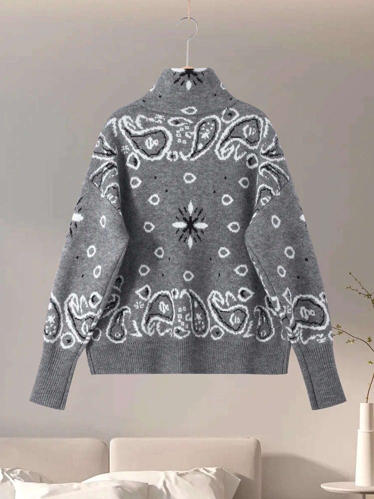Women knit jacquard cardigan zip up stand collar loose fit full sleeve