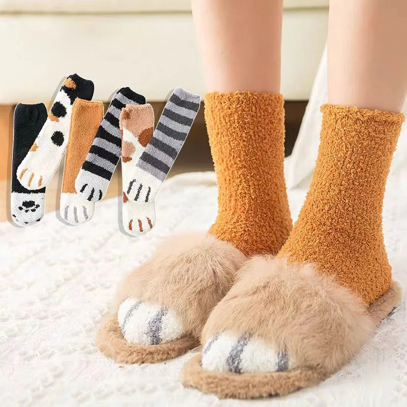 Teddy slipper socks women fuzzy cat paw design thick winter warm