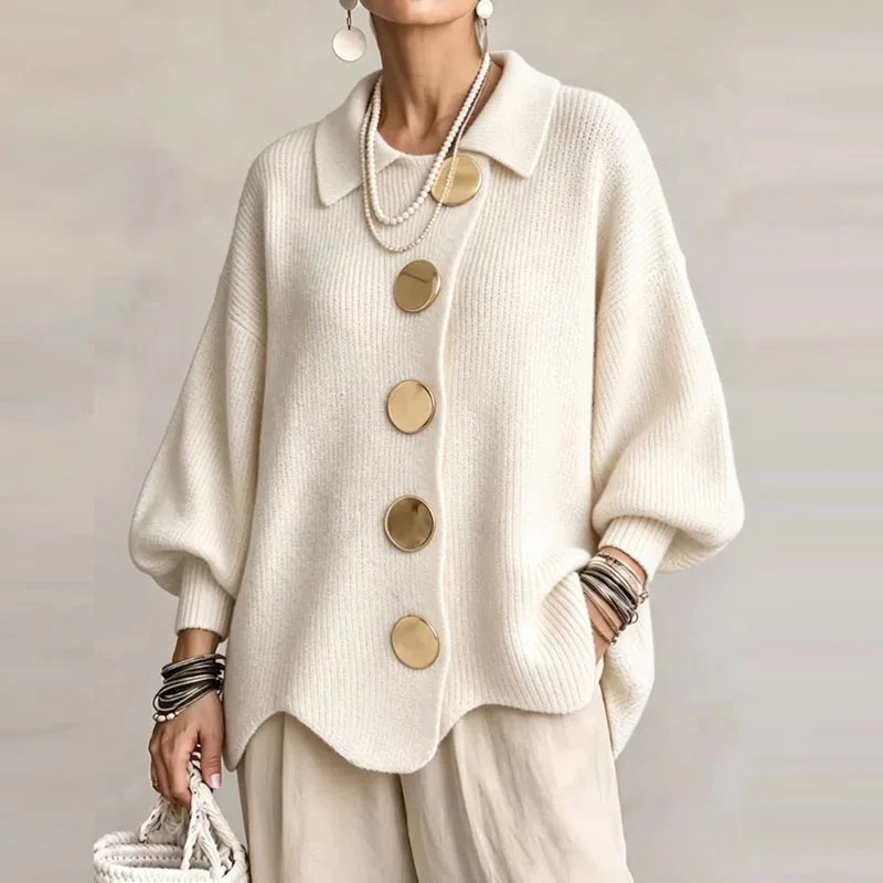 Women ribbed knit cardigan oversized gold buttons balloon sleeves scalloped hem