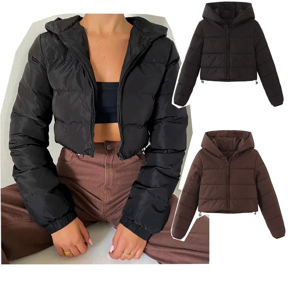 Women quilted cropped puffer jacket hooded loose fit stand collar full zip
