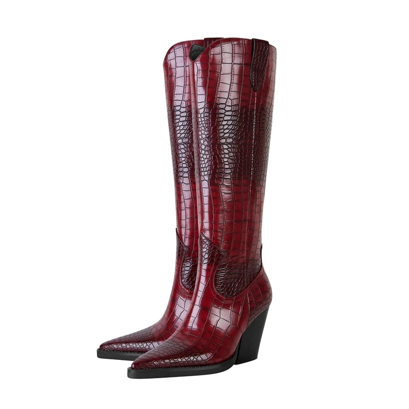 Womens knee high cowboy boots with pointed toe, chunky heel and waterproof upper